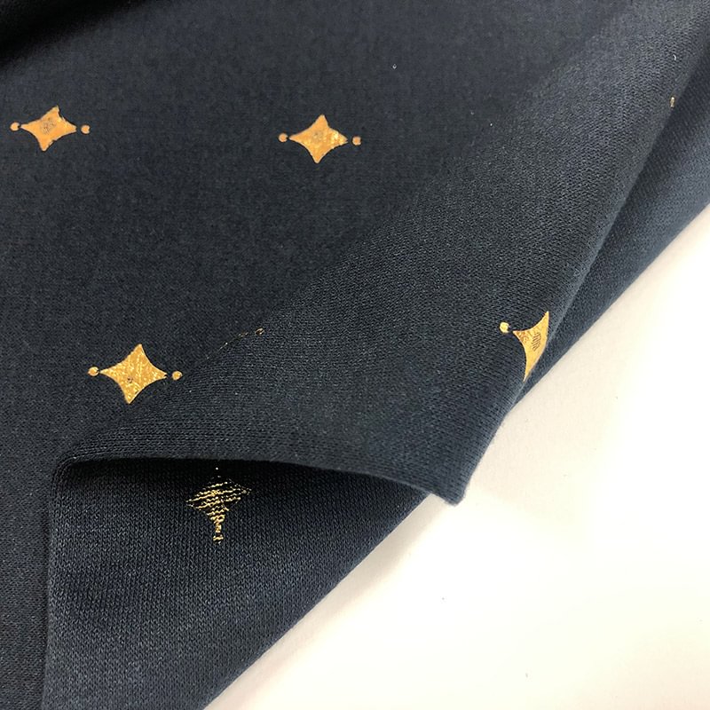 230G 96%polyester 4%spandex knit ponti roma fabric with foil star gold blocking.