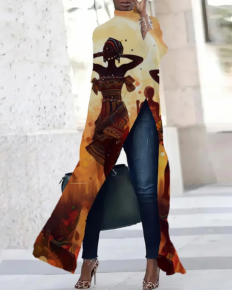 Dancing Ethnic Print Three-quarter Sleeve Slit T-shirt Dress