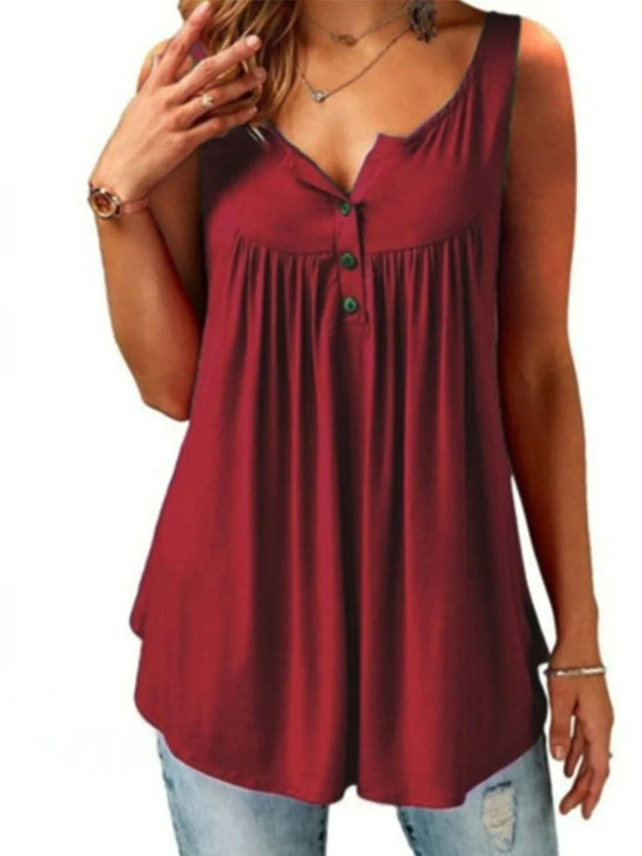 Solid Color Ruffle Button Tank Top