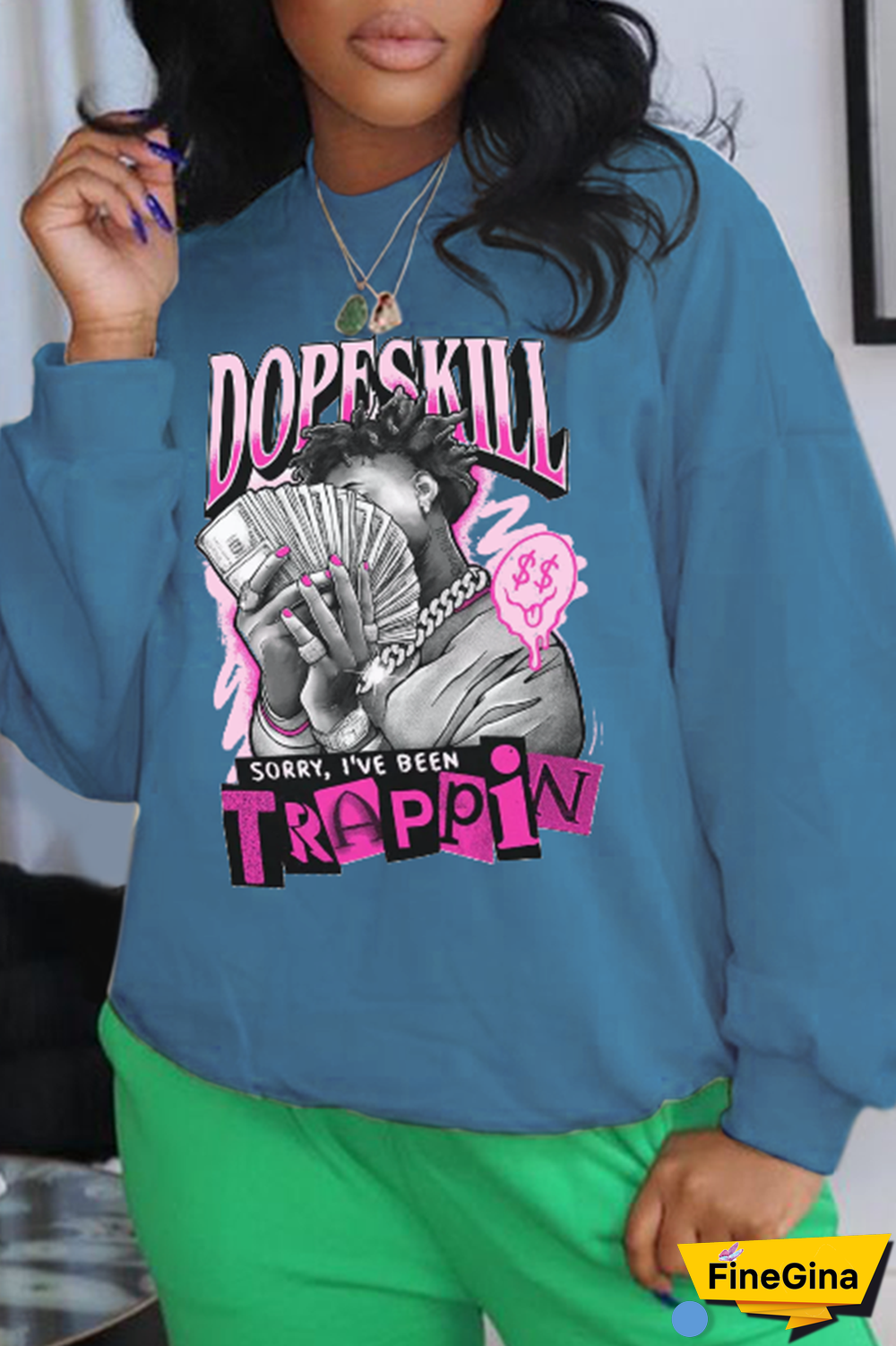 Blue Casual Daily Print Patchwork O Neck Tops