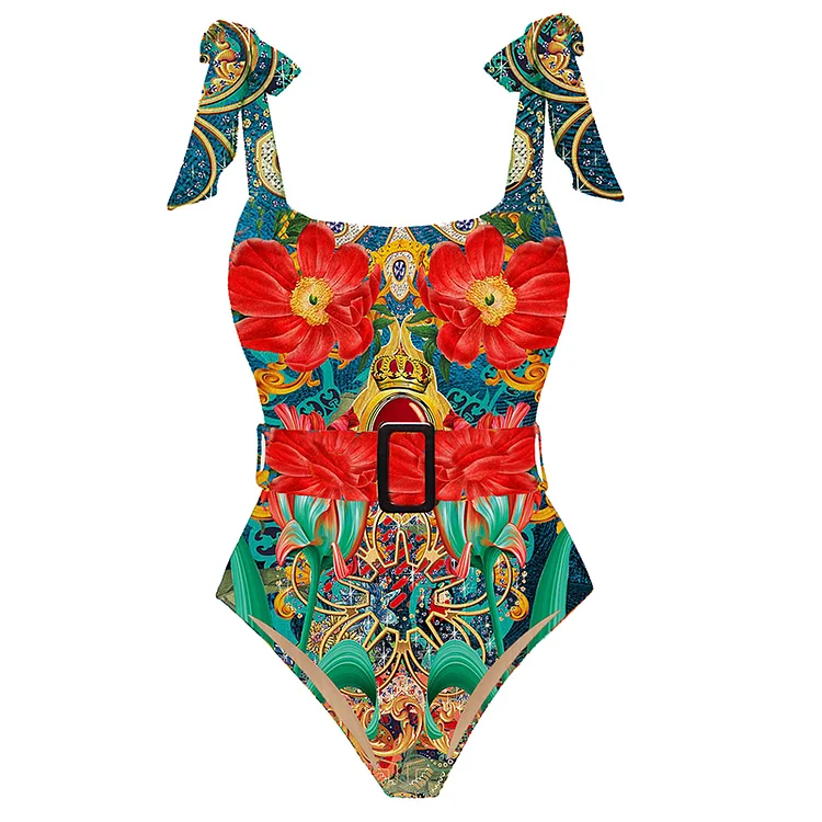 Printed Bowknot Shoulder One Piece Swimsuit and Skirt