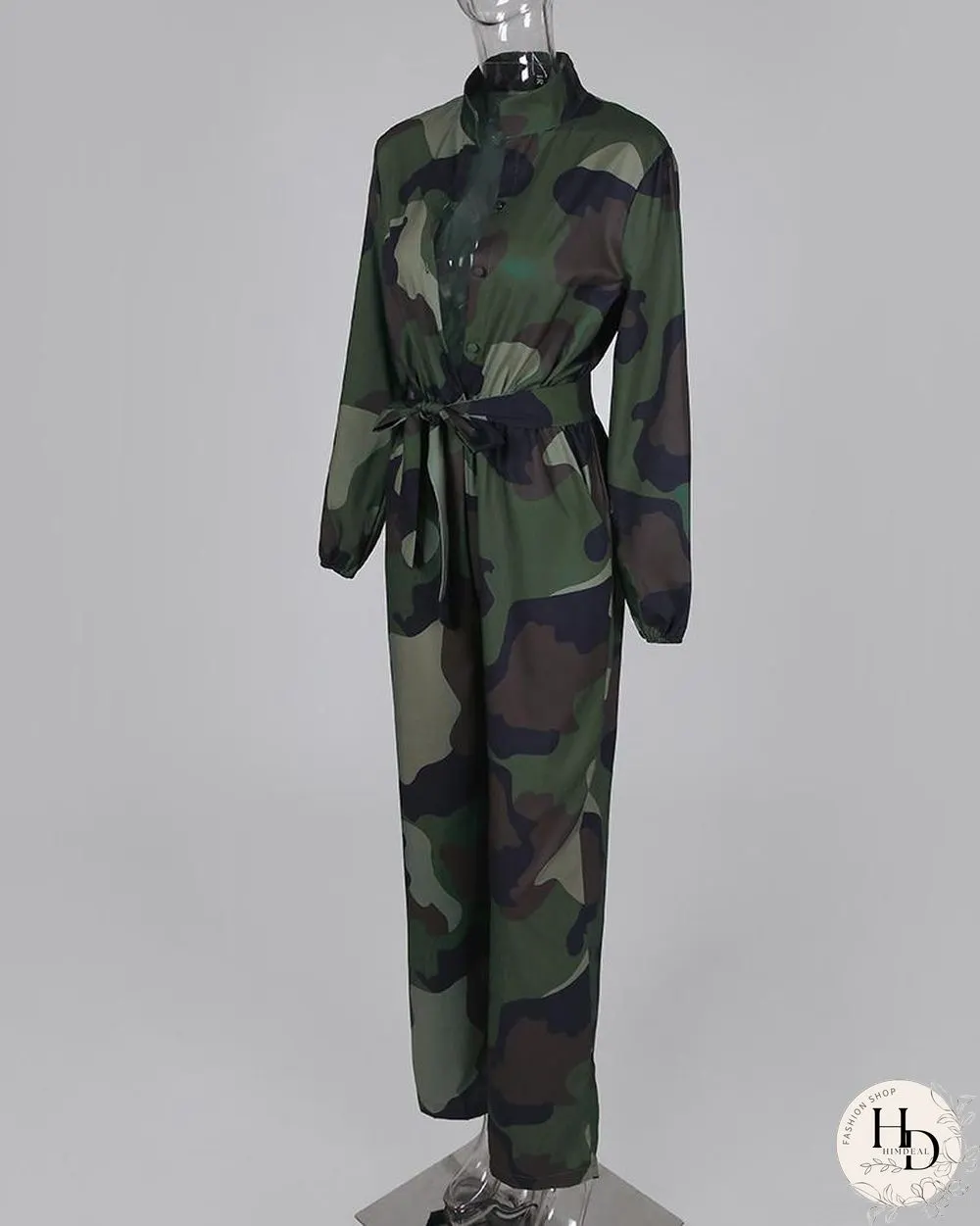 V Neck Camouflage Print Buttoned Jumpsuit P16118