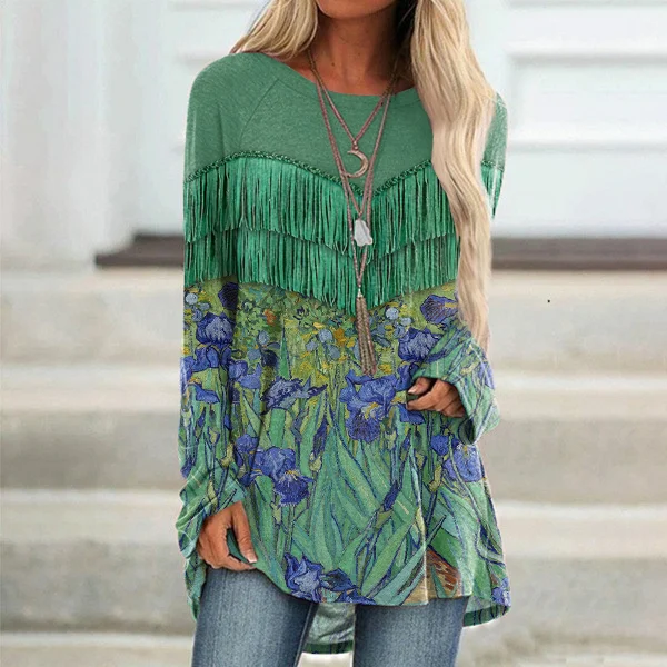 Iris Fringe Print Long Sleeved Casual Tunic