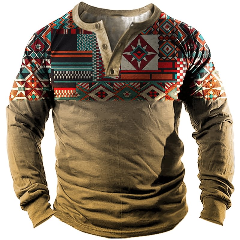 Men's Outdoor Vintage Western Ethnic Pattern Henry Shirt-Compassnice®