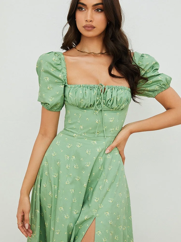 Jacqueline 2022 Puff Sleeve Midi Floral Dress Women Retro Elegant Sexy Split Sundress Casual Ruched Drawstring Dresses Summer