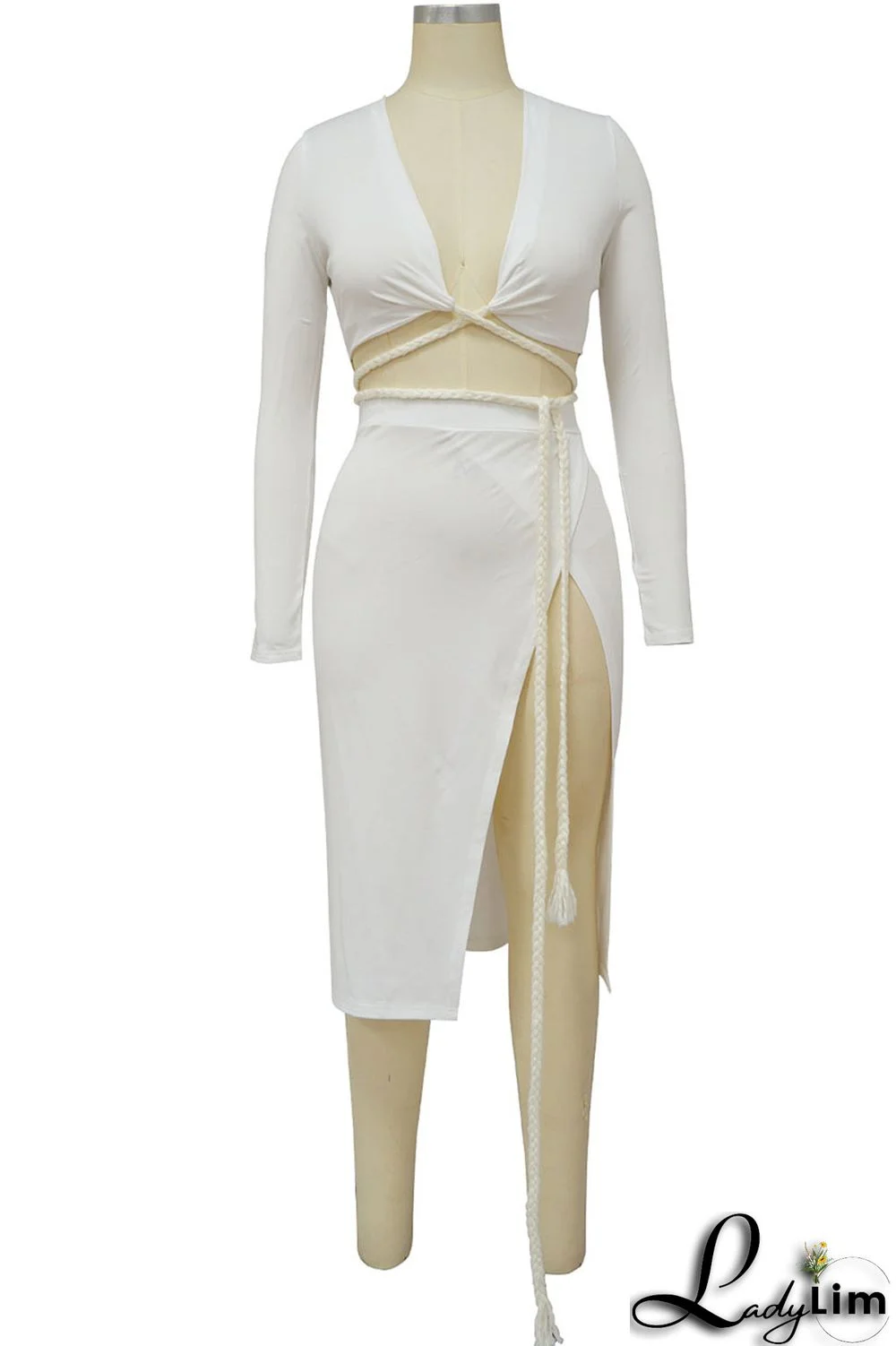 White Sexy Solid Bandage Patchwork Slit V Neck Long Sleeve Two Pieces