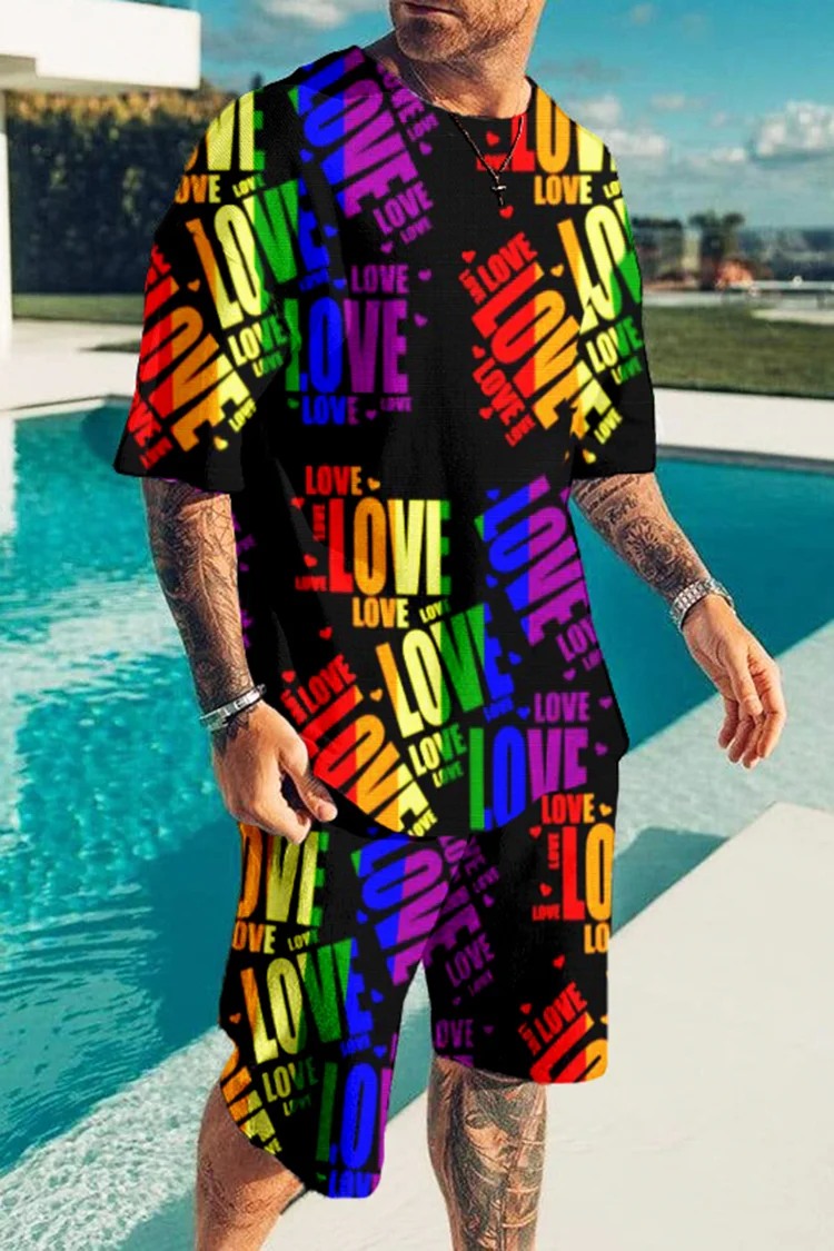 Rainbow Print Love Is Love T-Shirt And Shorts Two-Piece Set