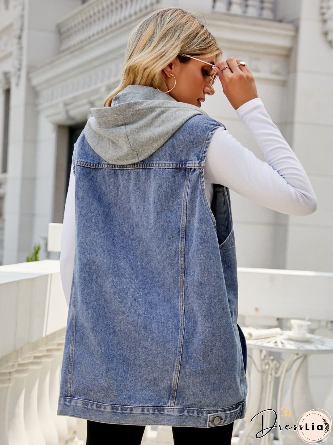 Drawstring Hooded Sleeveless Denim Top with Pockets