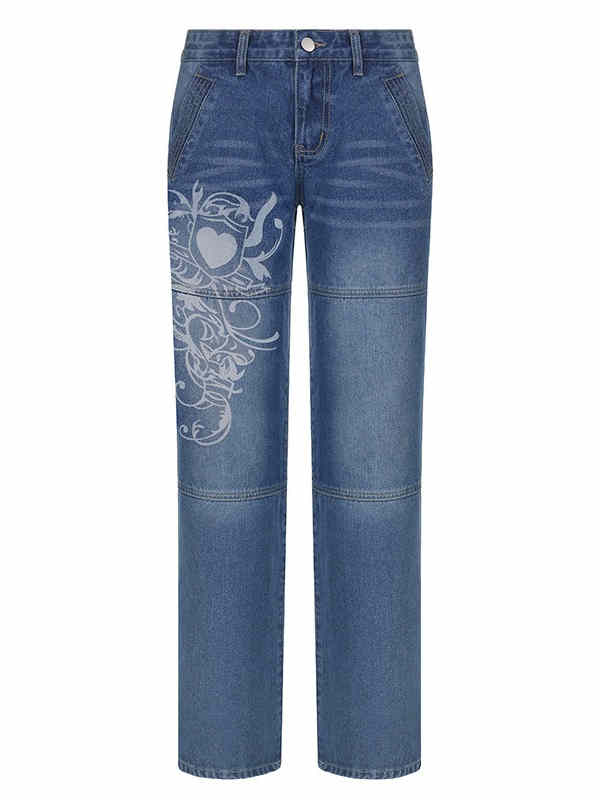 Washed Heart Pattern Cargo Jeans