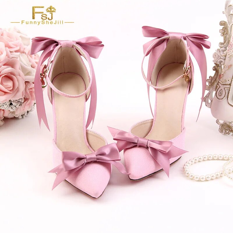 TAAFO Pink Bow Wedding Shoes Pointy Toe Stiletto Heels Ankle Strap Pumps