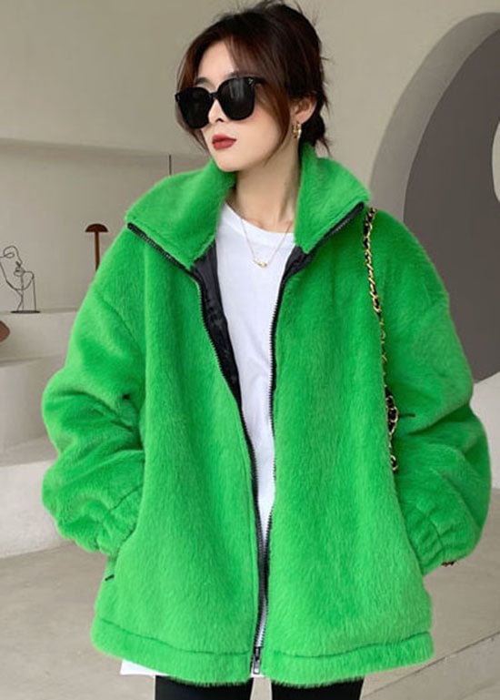 DIY Green Zip Up Mink velvet thick Winter outwear CK1261- Fabulory