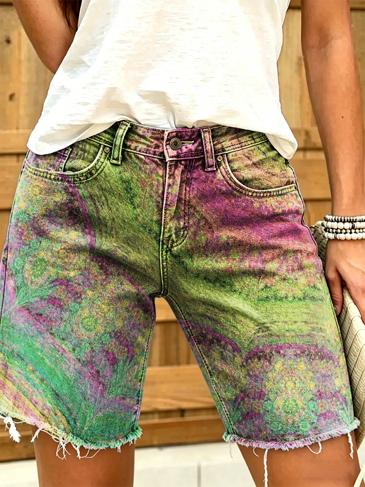 Women's Retro Colorful Art Print Casual Washed Cotton Denim Shorts