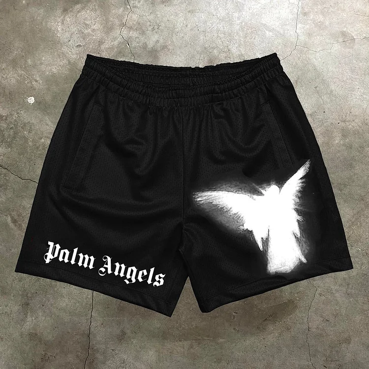 Vintage Palm Angel Graphic Casual Street Mesh Shorts