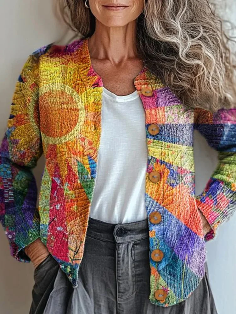 Vintage Colorful Collage Print Buttoned Cardigan Sweater