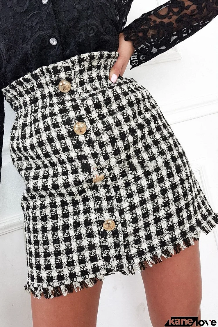 Button Decor Tweed Plaid Fringe Hem Skirt