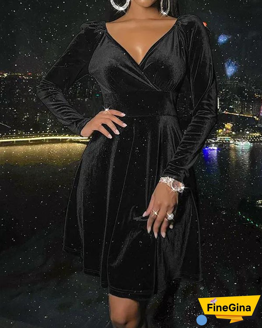 V Neck Velvet Dinner Dress