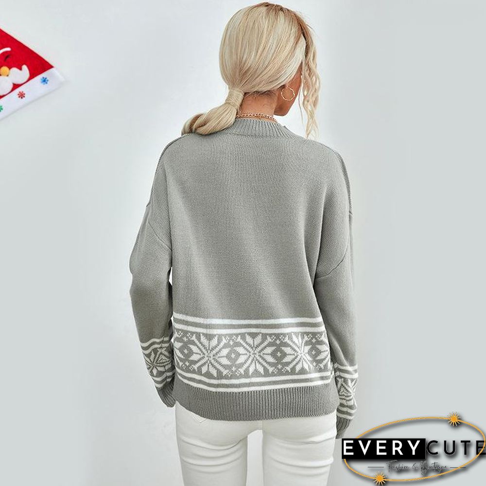 Round Neck Elk Pattern Grey Sweater
