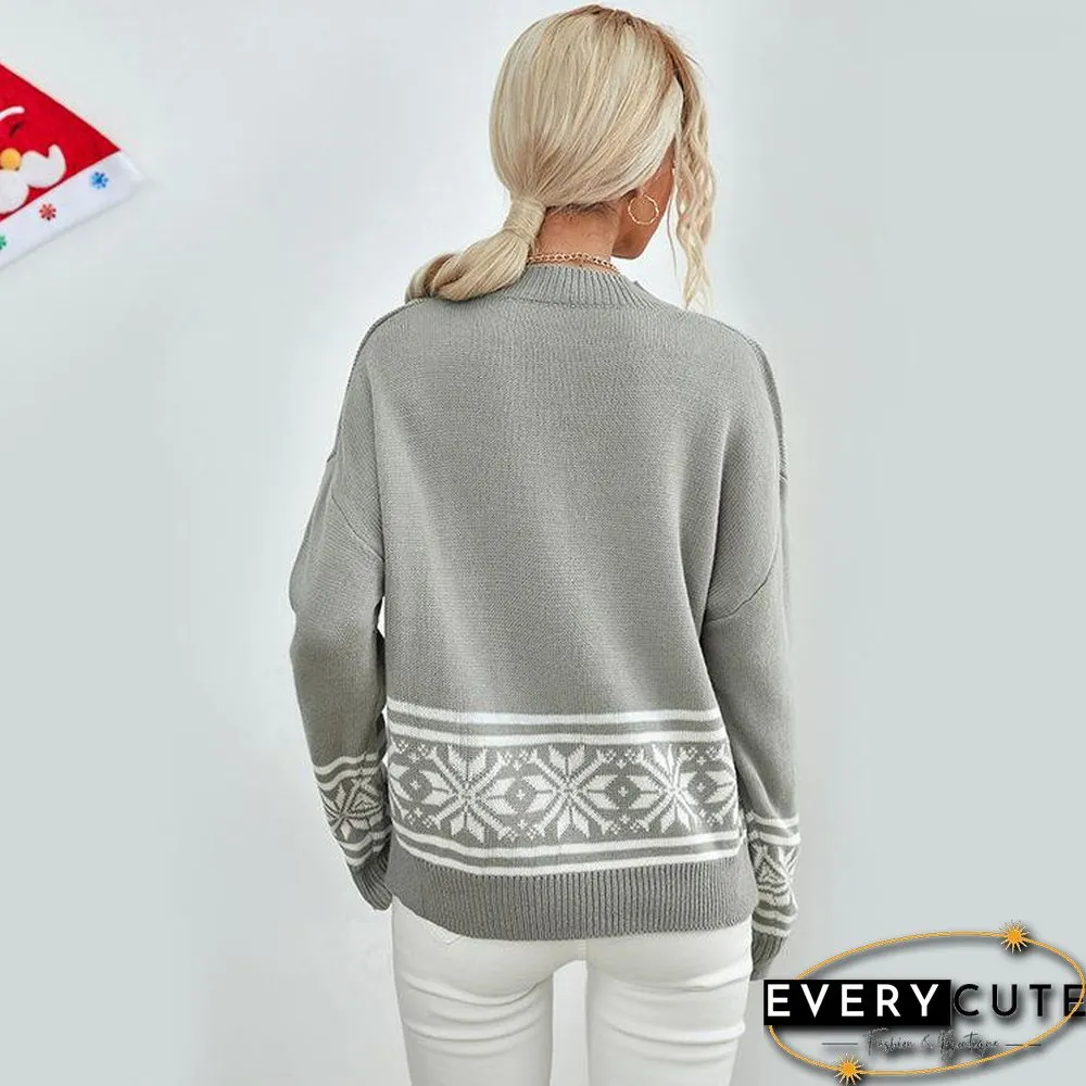 Round Neck Elk Pattern Grey Sweater