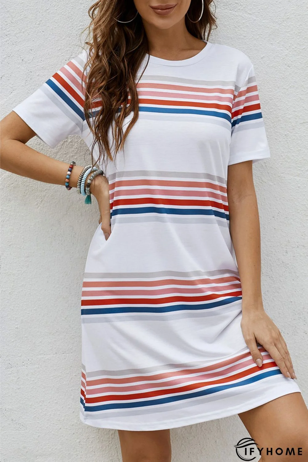 Striped Print Round Neck T-shirt Mini Dress | IFYHOME