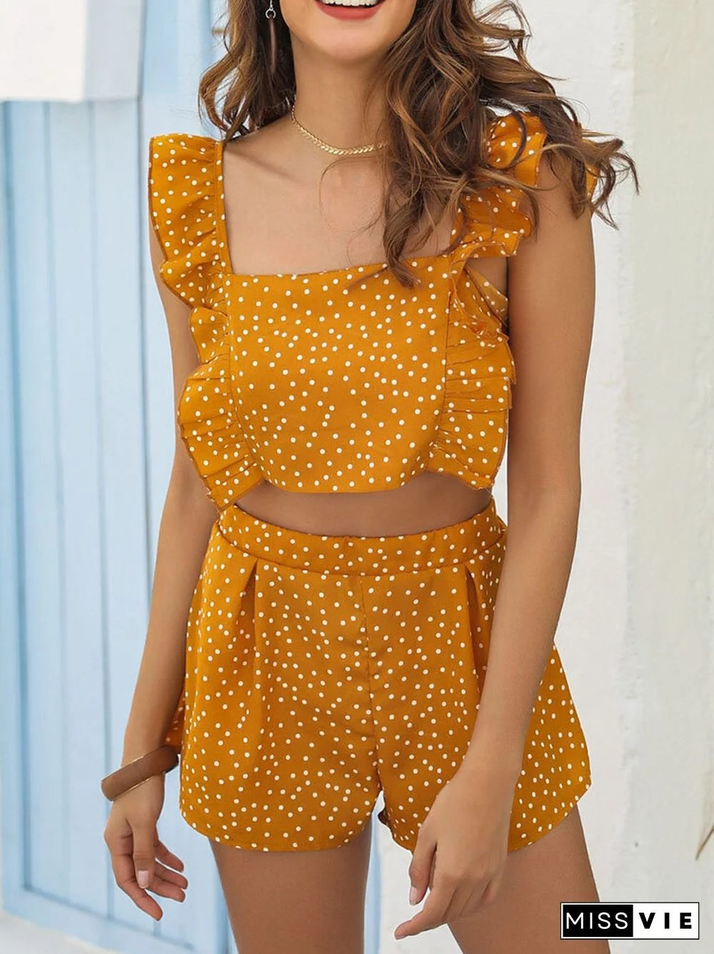 Dot Print Open Back Bowknot Ruffle Sleeve Two Pieces Suit