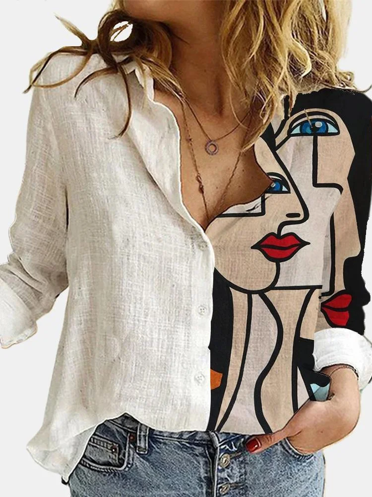 Casual Portrait Print Stitching Blouse