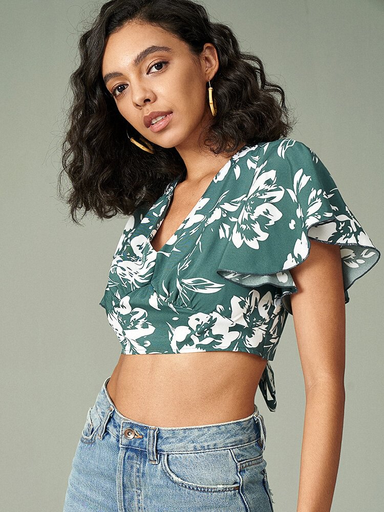 Tropical Flower Print Bow Backless Tie Butterfly Sleeve Crop Top