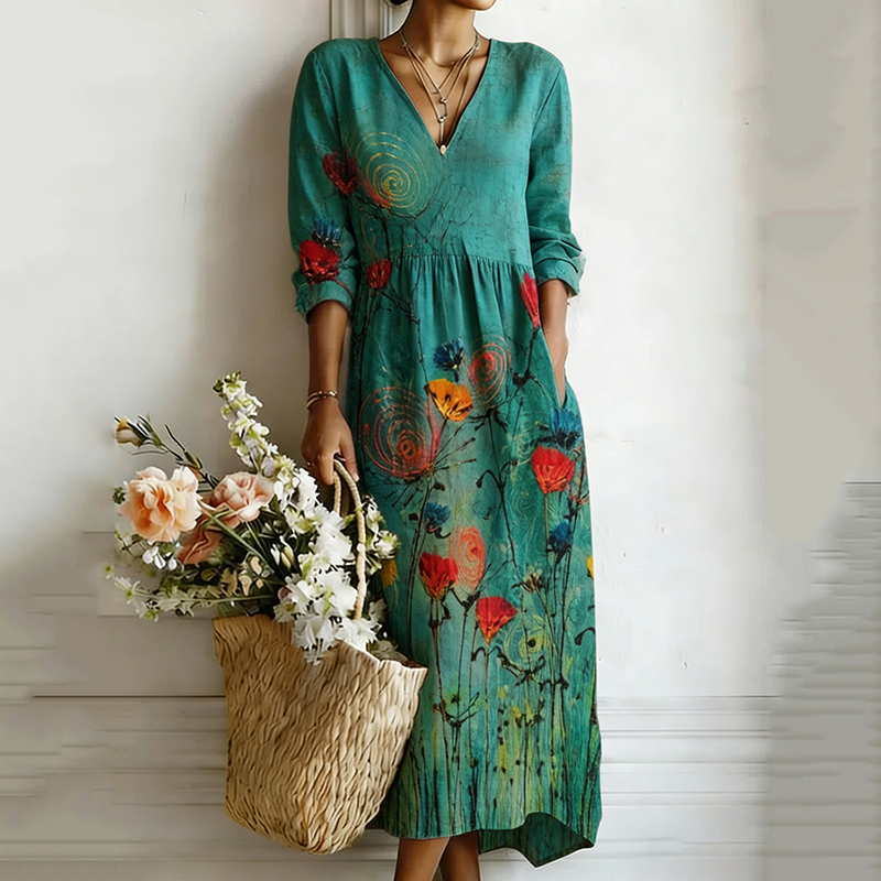 Comstylish Women's Bohemian Floral Art Print Flowy Linen Blend Casual Dress