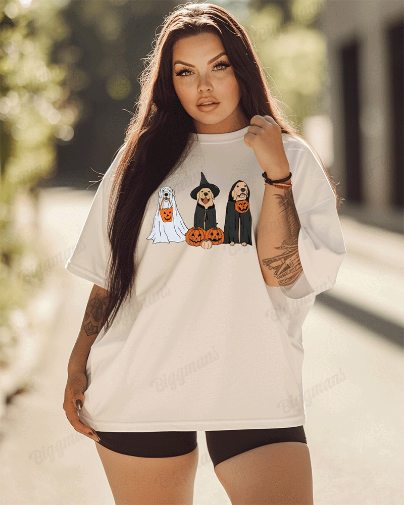 Women's Halloween Dog Ghost Print Loose Short Sleeve T-shirt