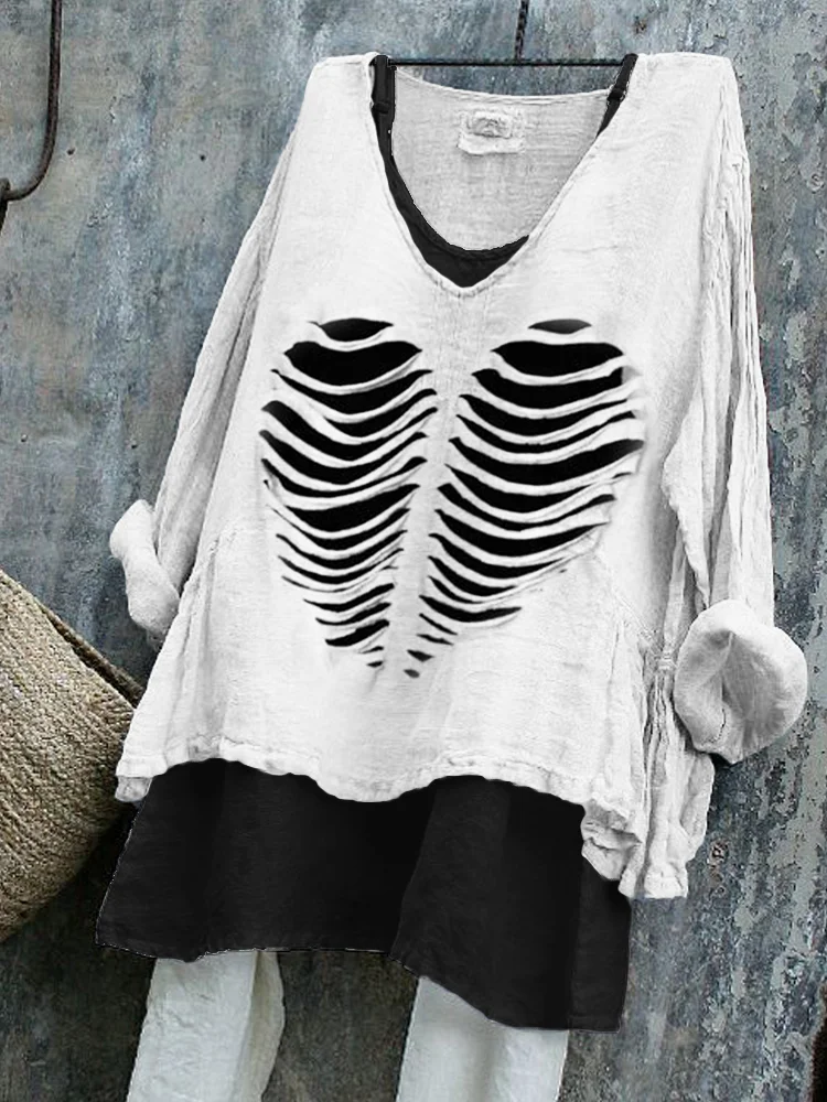 Comstylish Halloween Skeleton Heart Cut Out Linen Blend Tunic