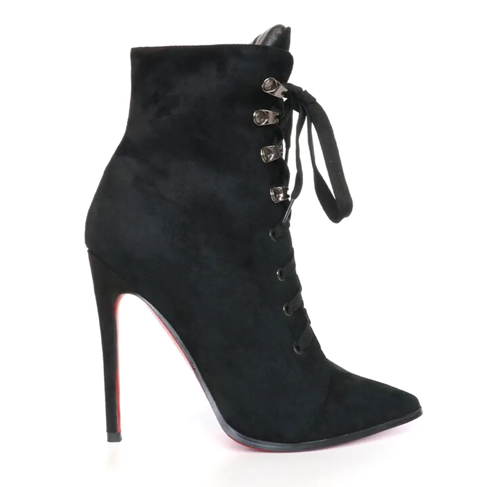 4.72" Women's Tether Sky High Heels Platform Ankle Boots Black Suede-vocosishoes