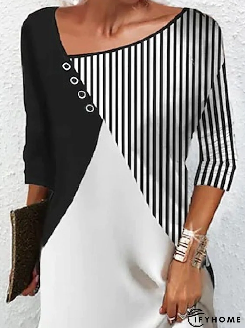 Women Striped Casual Autumn Lightweight Daily Jersey Standard Three Quarter Regular Size Tunic Dress | IFYHOME