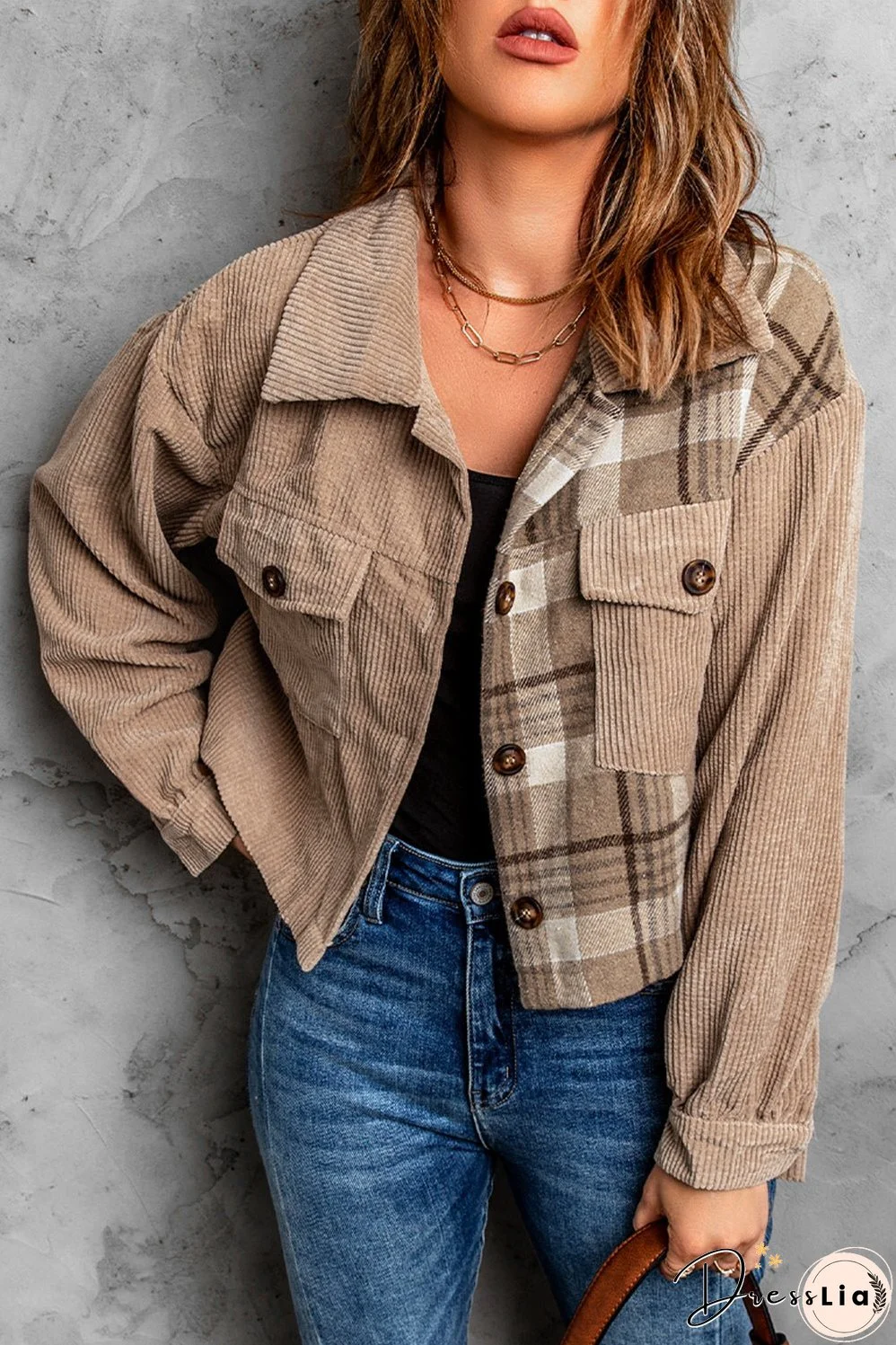 Plaid Corduroy Dropped Shoulder Jacket