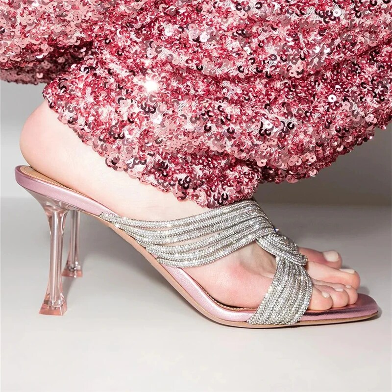 VCSHOES Cross Twist Crystal Narrow Band Sandals Women Clear Crystal High Heel Square Open Toe Rhinestone Shoes