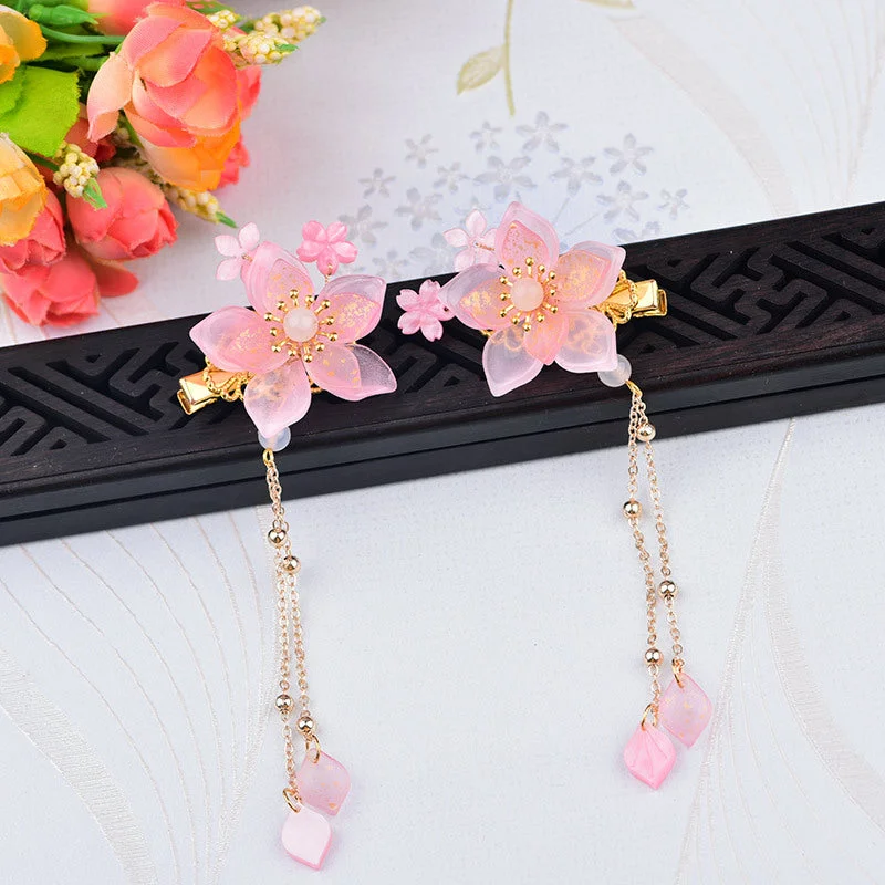 Vintage Cherry Blossoms Pink Flower Chinese Hanfu Hair Clips