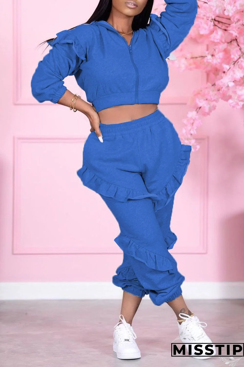 Blue Casual Solid Patchwork Zipper Stringy Selvedge Hooded Collar Long Sleeve Two Pieces