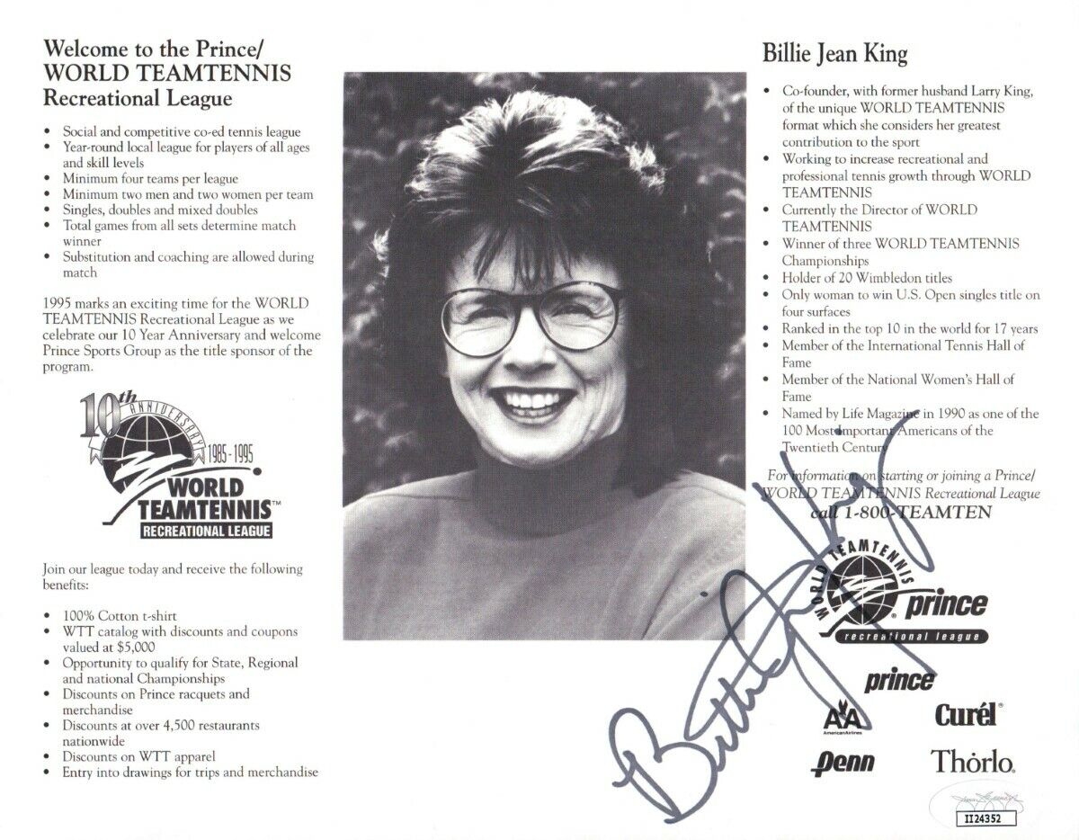 Billy Jean King Signed Autographed 8X10 Photo Poster painting 1995 Promo Team Tennis JSA II24352