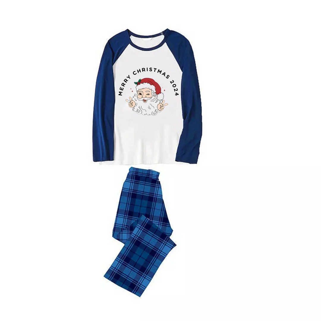 "Merry Christmas 2024" and Santa Printed Navy Blue and Black Plaid Christmas Family Pajamas