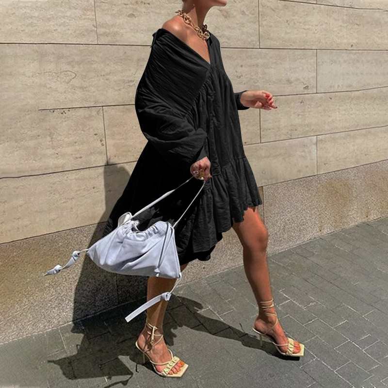 ZANZEA Women Ruffle Dress 2022 Casual Ladies Puff Sleeve Lapel Sexy Off Shouder Holiday Sundress Summer Mini Vestidos 7