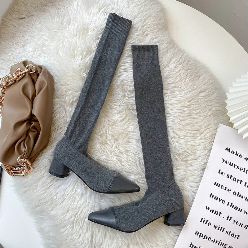Wongn Wongn Stockings Boots Pointed Thin Boots Women Long Tube Knitting Wool Elastic Socks Boots Thick Heel High Heels Over The Knee Boots Women