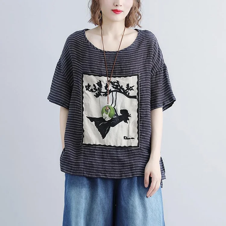 women pure linen tops oversized Casual Stripe Short Sleeve Embroidery High-low Hem Tops