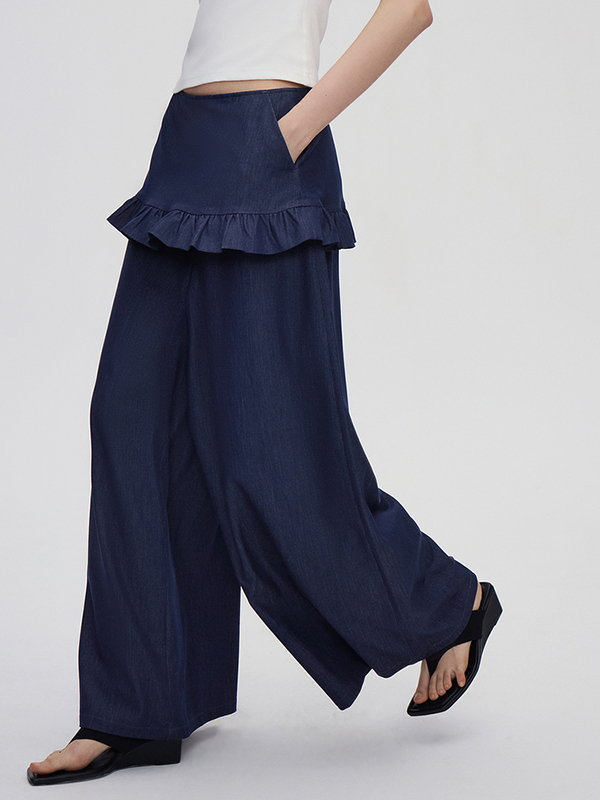 Ruffle Fake Two-piece Side Pocket Wide Leg Pant