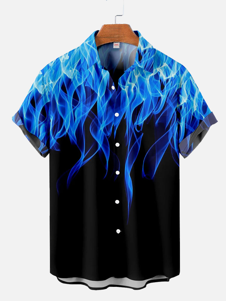 Vogue Blue Fire Flame Pattern Printing Short Sleeve Shirt BestDVibe