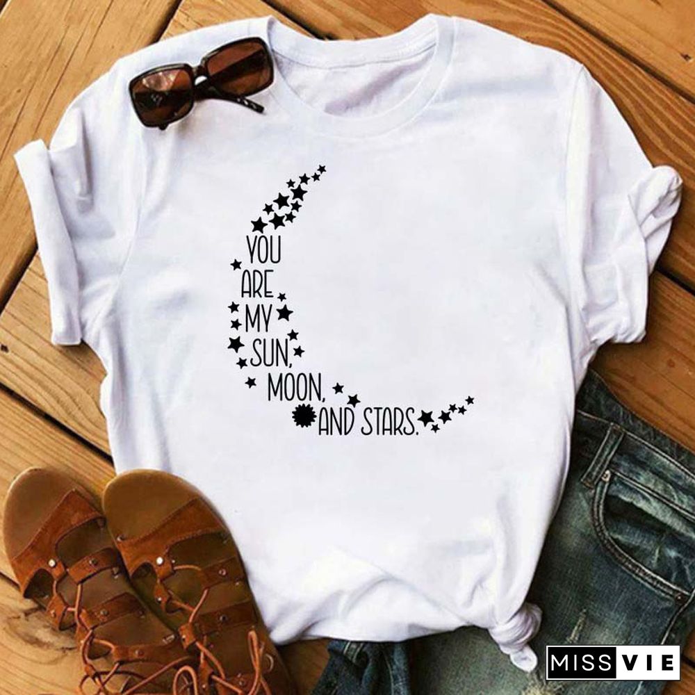 Maycaur Women Harajuku T Shirt New Moon Star Printed T Shirt O-Neck Summer Short Sleeve Tees Women Clothes Graphic T Shirts