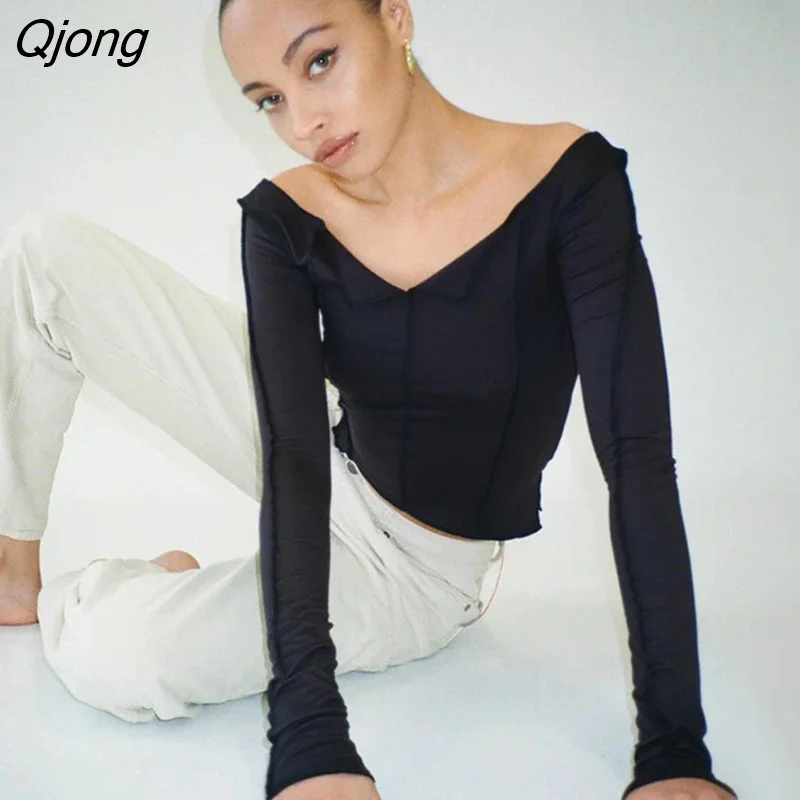 Qjong Off Shoulder Long Sleeve T-Shirt Women Spring Casual Party Street Tops 2023 Solid Base Tees Female Cropped Y2K Shirts