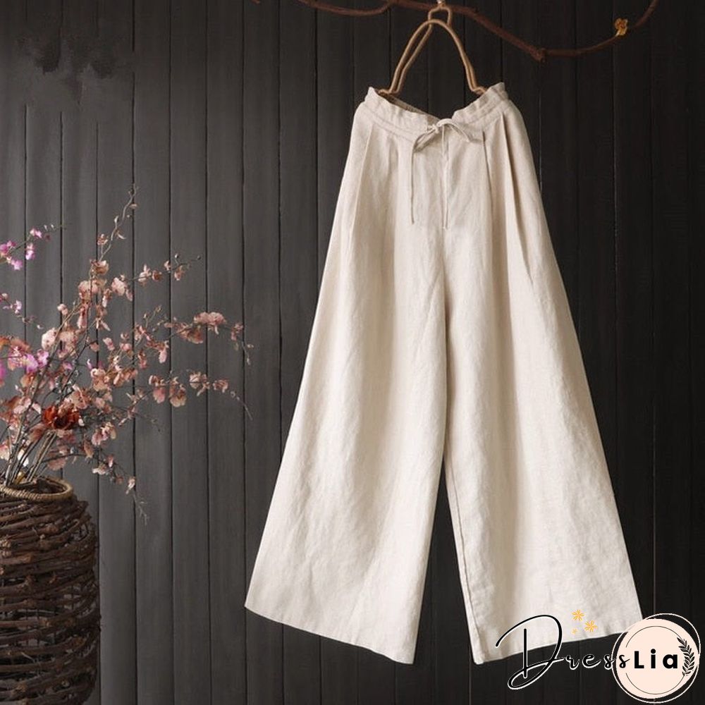 Women's Clothing Literary Flat-waist Lace-up Trousers Summer Casual Plus Size Pants for Women Retro Linen Wide-leg Pants