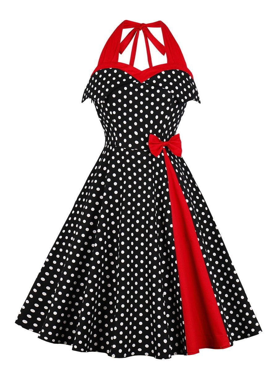 Polka Dot Dress Halter Neck Audrey Hepburn Style Colorblock Swing Dress