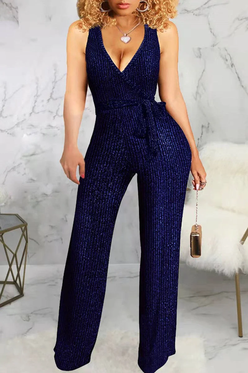 Fashion Casual Solid Basic V Neck Regular Jumpsuits