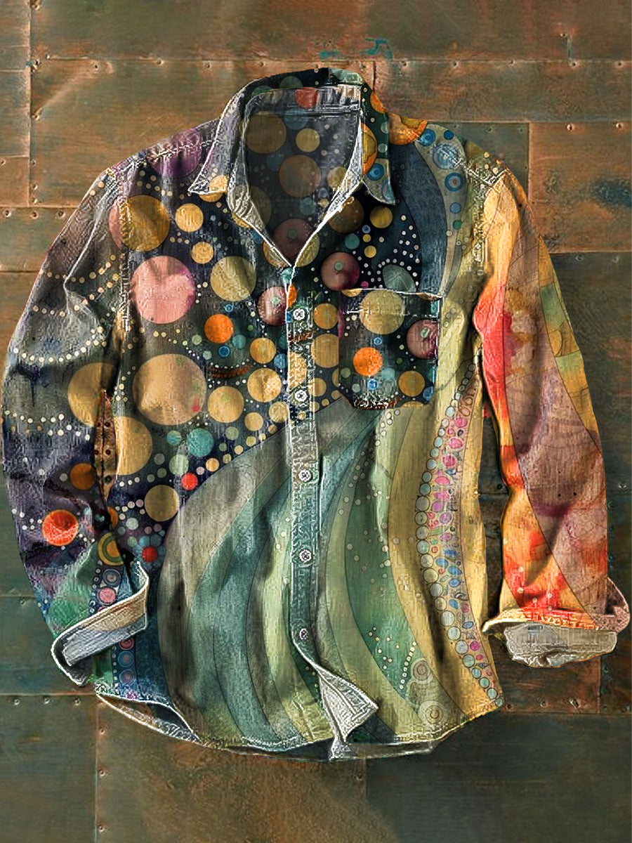 Men's Vintage Colorful Irregular Lines Round Art Print Lapel Long Sleeve Pocket Shirt