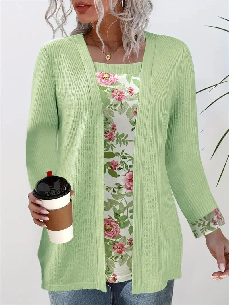 Women's Long Sleeve Scoop Neck Floral Printed Two-Piece Tops