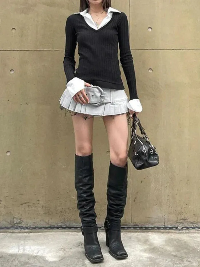 Brownm Turtleneck Mock Two Piece Long Sleeve Knit Top